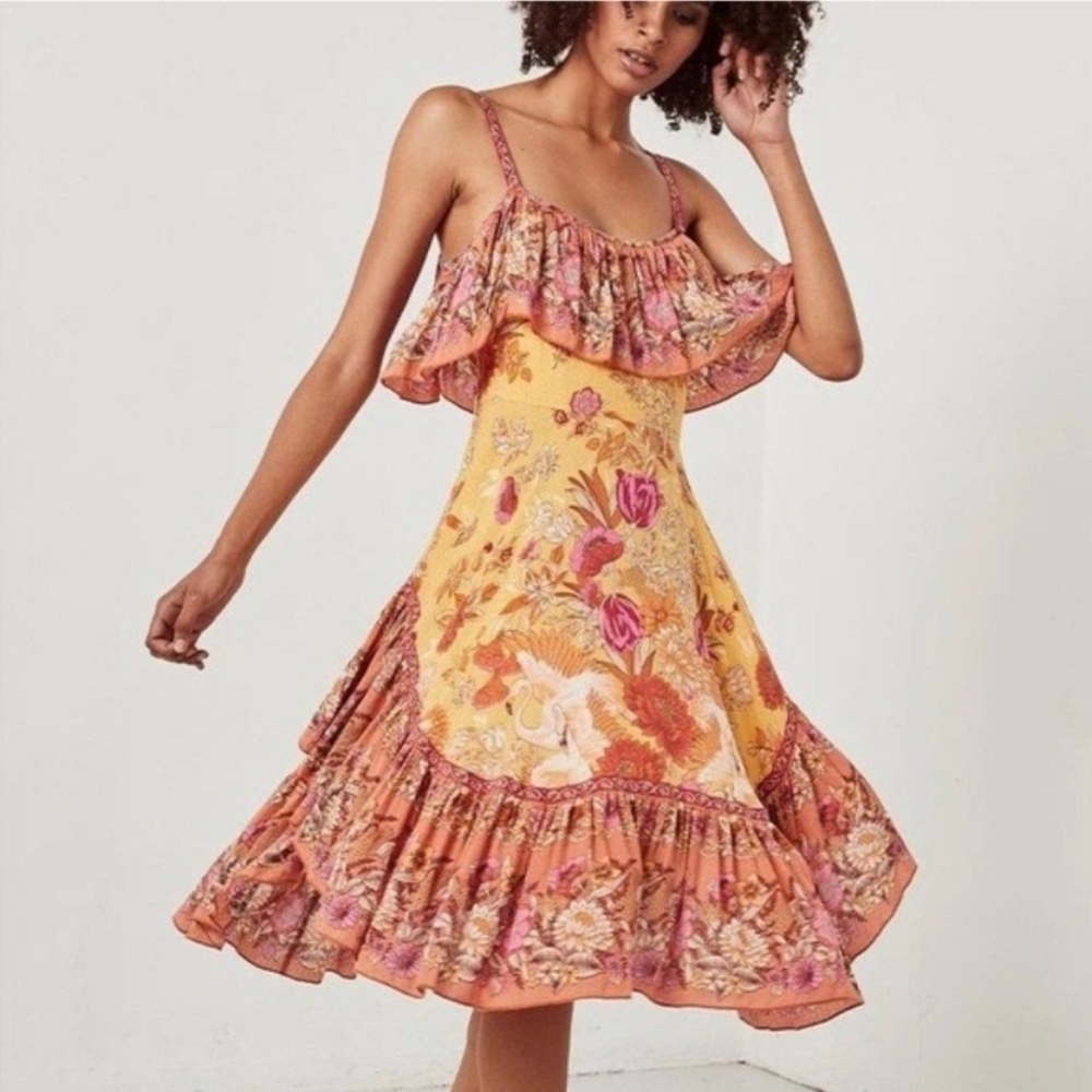 Floral Asymmetrical Dress - Yellow and Pink Adjustable Straps Tie Waist Sz. M